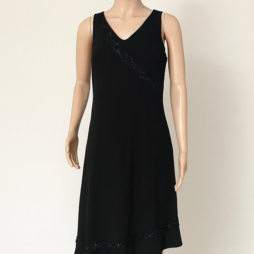 Donna Ricco Black Asymmetrical Floral Beaded 90s Y2K Dress Size 14 Knee Midi
